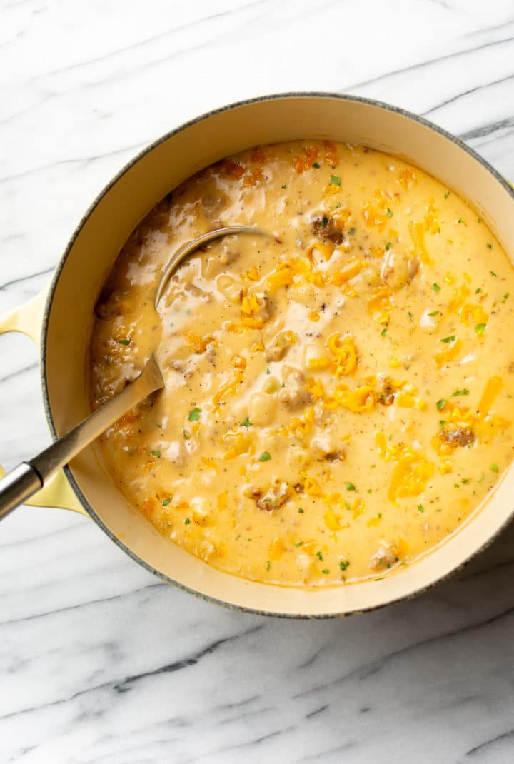 pot of cheesy sausage and potato soup