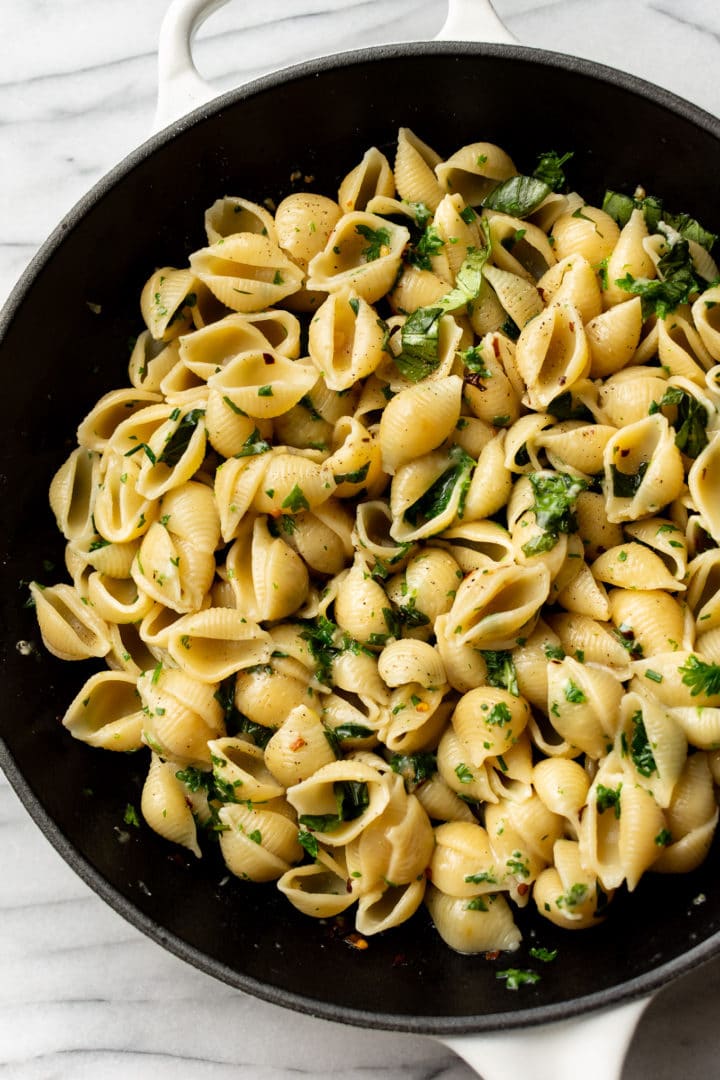 close-up of butter herb pasta in a skillet