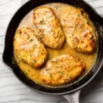 easy honey mustard chicken in a cast iron skillet