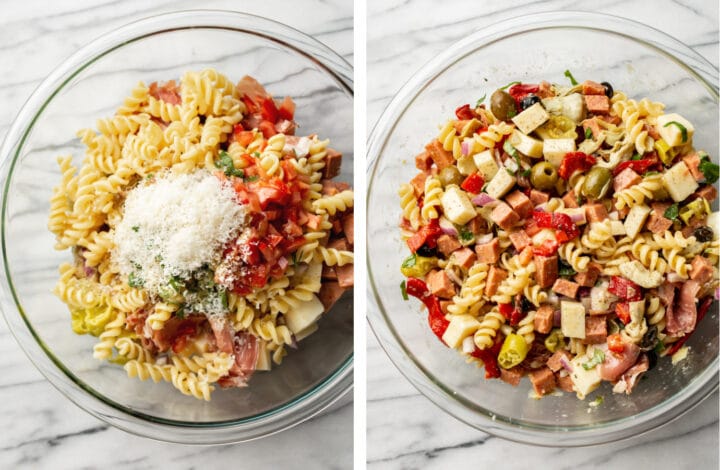 making antipasto salad in a glass bowl