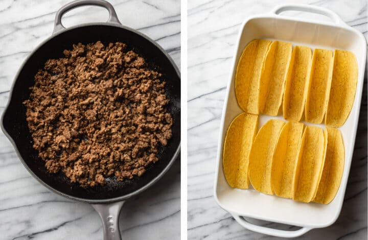 a skillet with ground beef next to a baking dish with taco shells