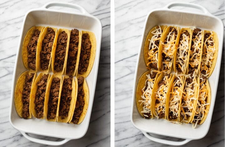 filling taco shells with ground beef and cheese