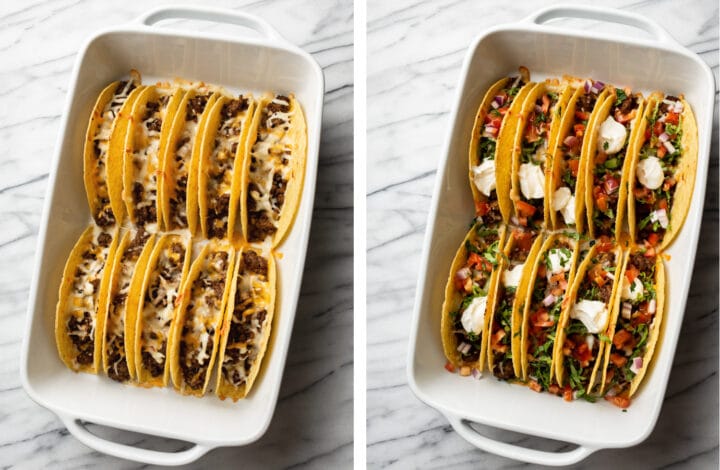 baked tacos before and after adding toppings