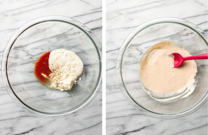 mixing dressing in a bowl for buffalo chicken salad