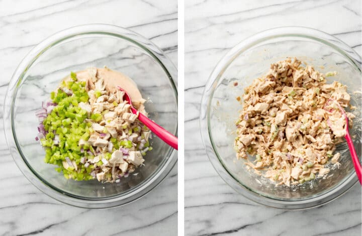 adding chicken and celery and mixing buffalo chicken salad in a bowl