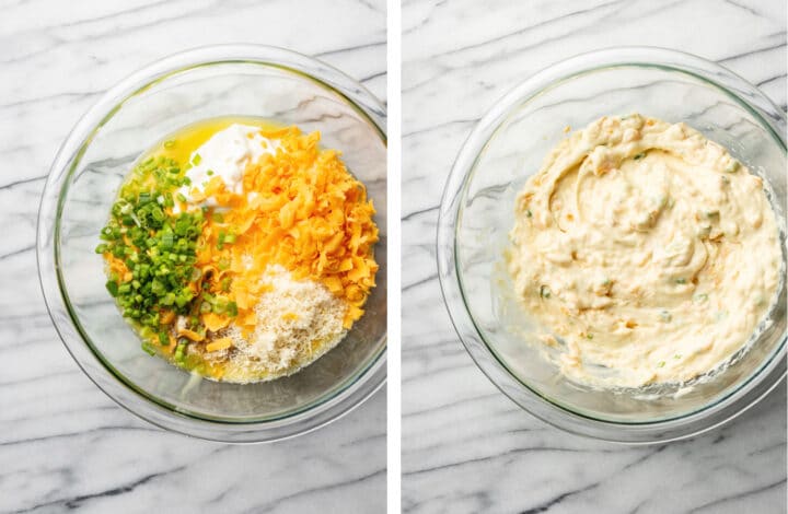 making cheesy mixture in a glass bowl