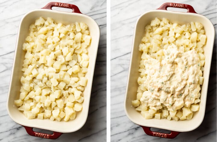 adding diced potatoes and cheese mixture to a baking dish