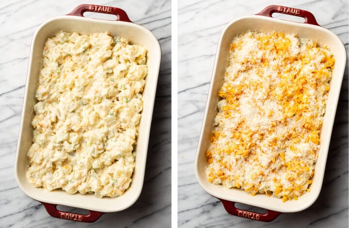 topping cheesy potatoes in a baking dish with parmesan cheese