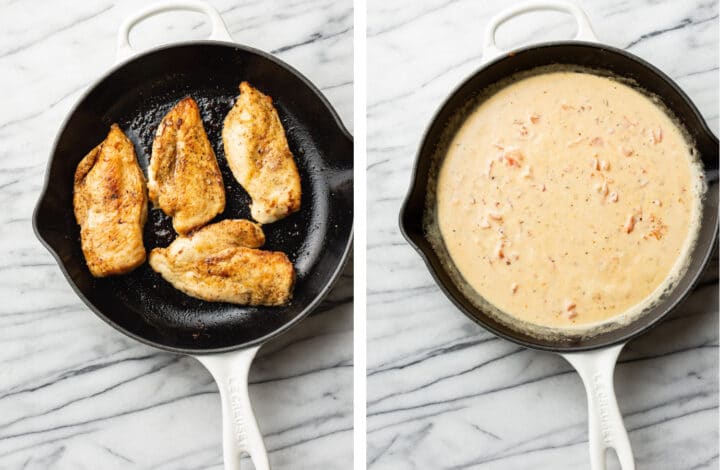 pan frying chicken and making cajun cream sauce in a skillet