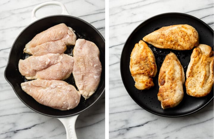 chicken before and after pan frying in a skillet
