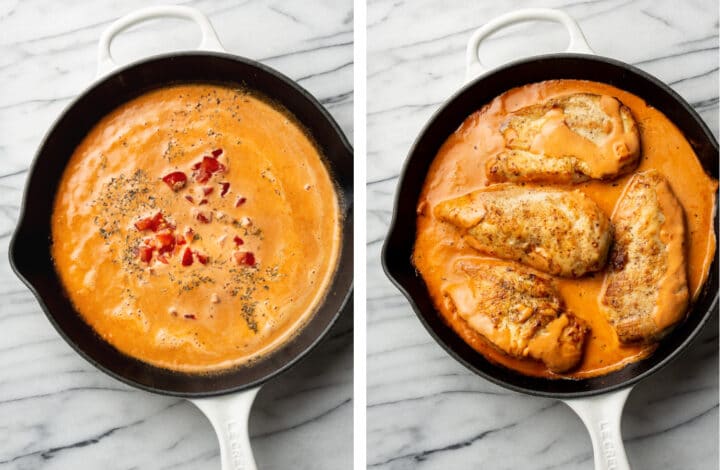 making a creamy tomato sauce for chicken in a skillet