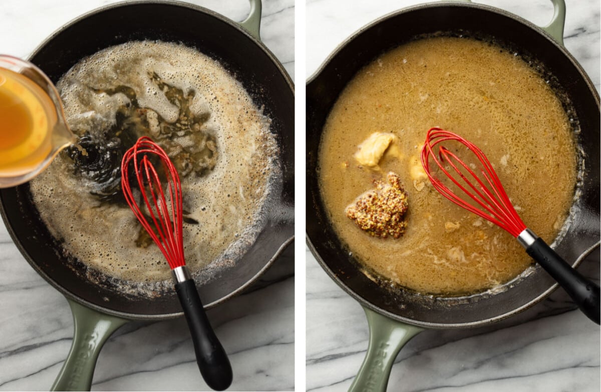 making honey mustard sauce in a skillet