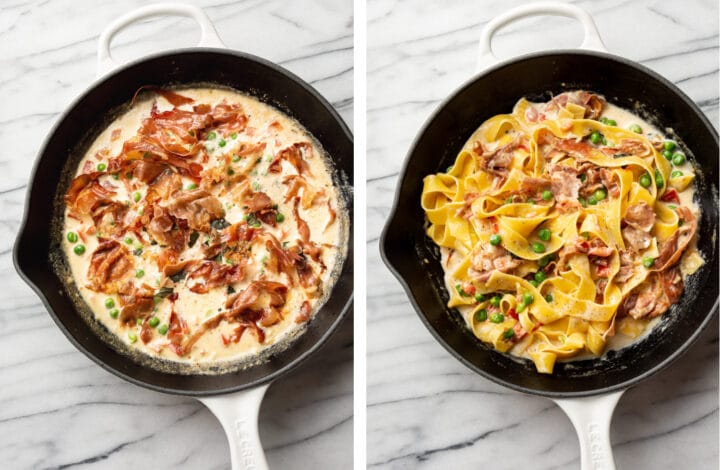 making sauce for prosciutto pasta in a cast iron skillet