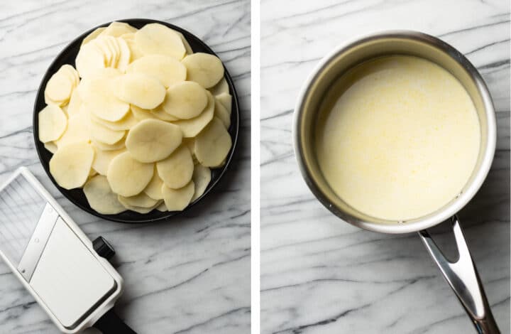 slicing potatoes and making cream sauce in a pan