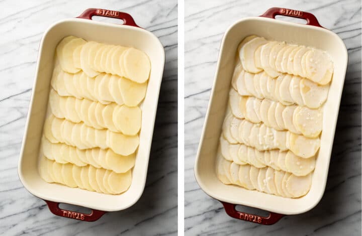 arranging potato slices in a casserole dish