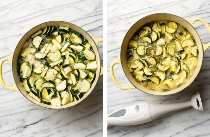 a pot of zucchini soup next to an immersion blender