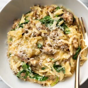 one pot orzo with Italian sausage in a white bowl