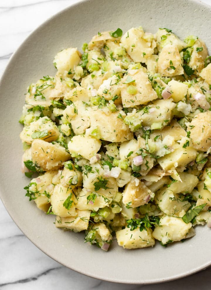 no mayo potato salad close-up in a serving bowl