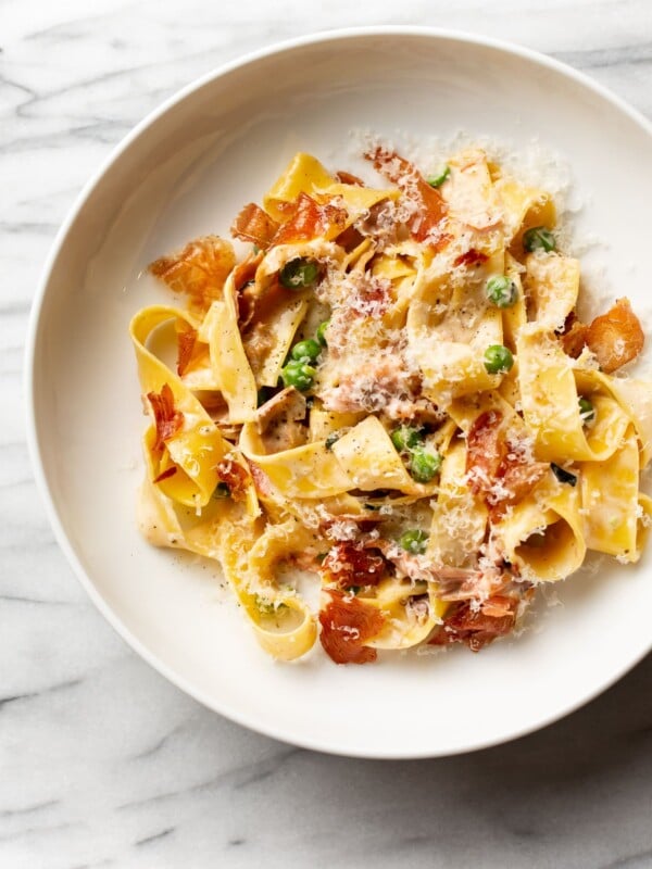 prosciutto pasta in a shallow bowl