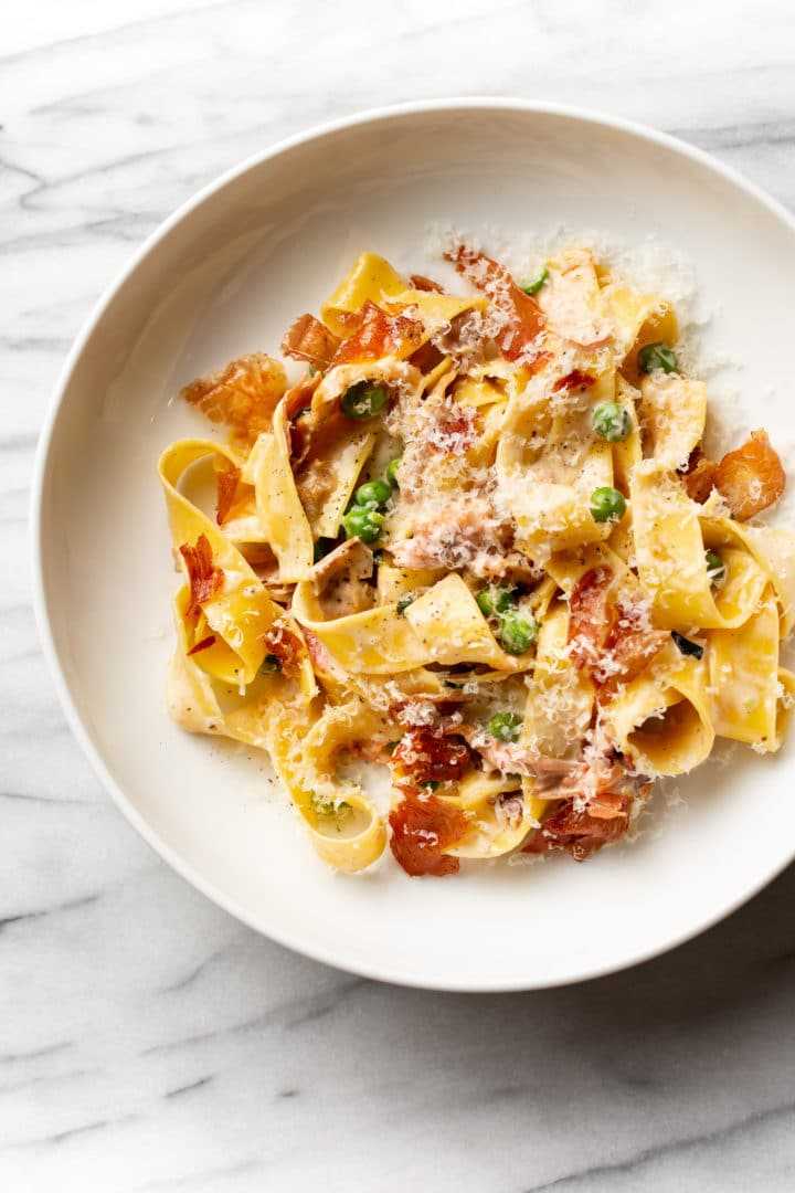 prosciutto pasta in a shallow bowl