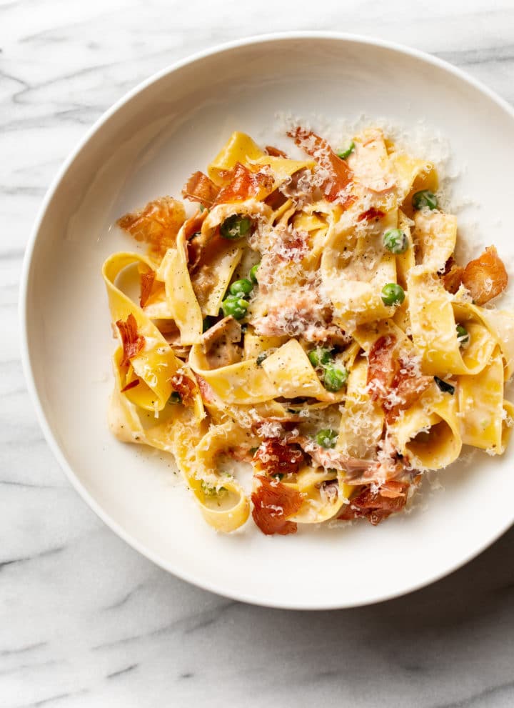 prosciutto pasta in a shallow bowl