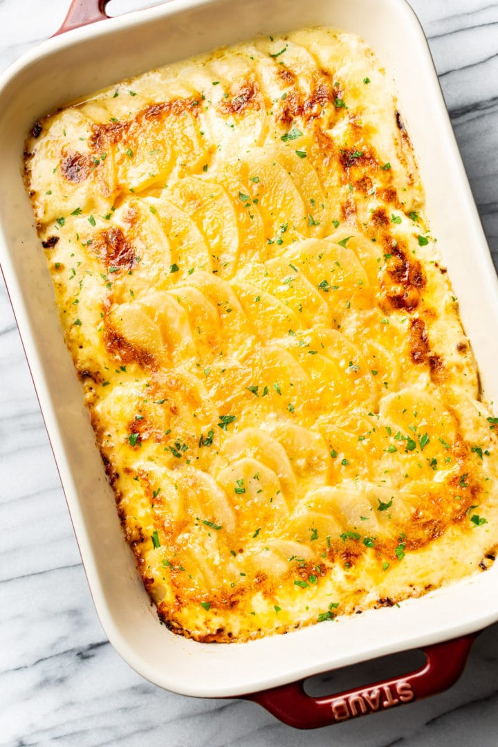 creamy scalloped potatoes in a 9x13 casserole dish