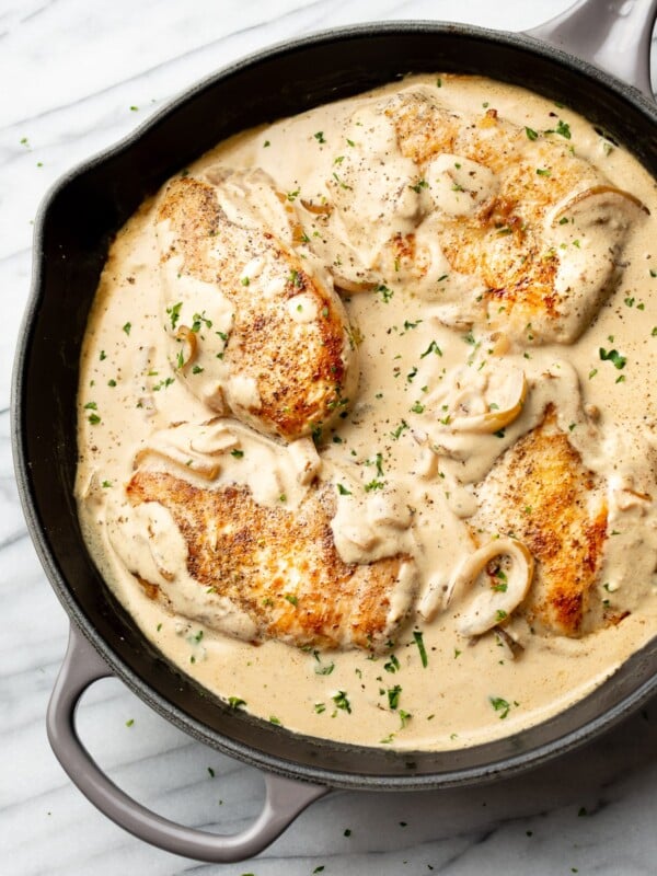 close-up of sour cream chicken in a skillet
