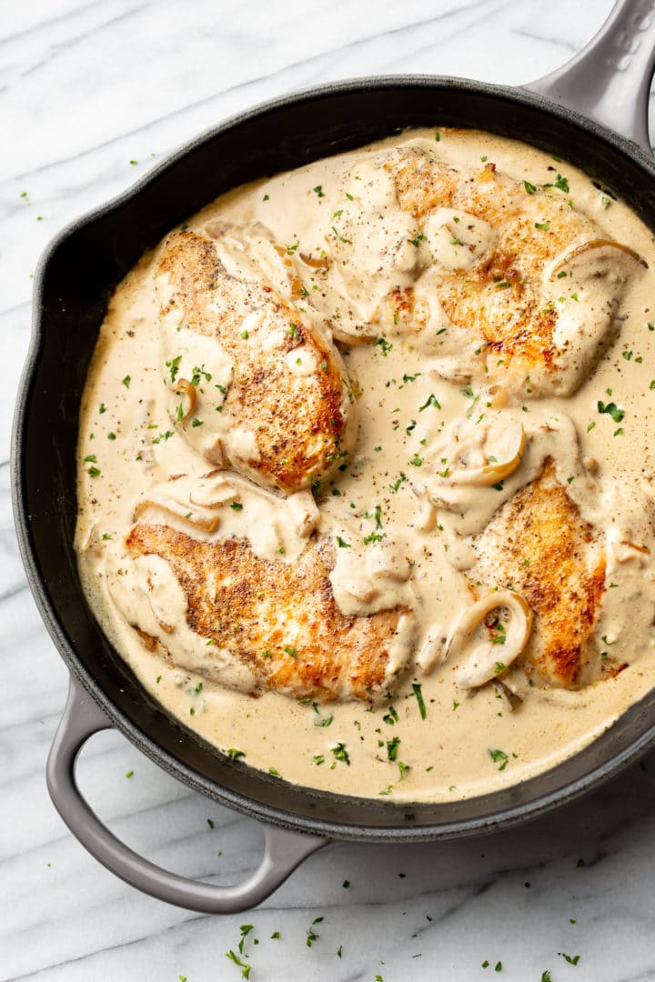 close-up of sour cream chicken in a skillet