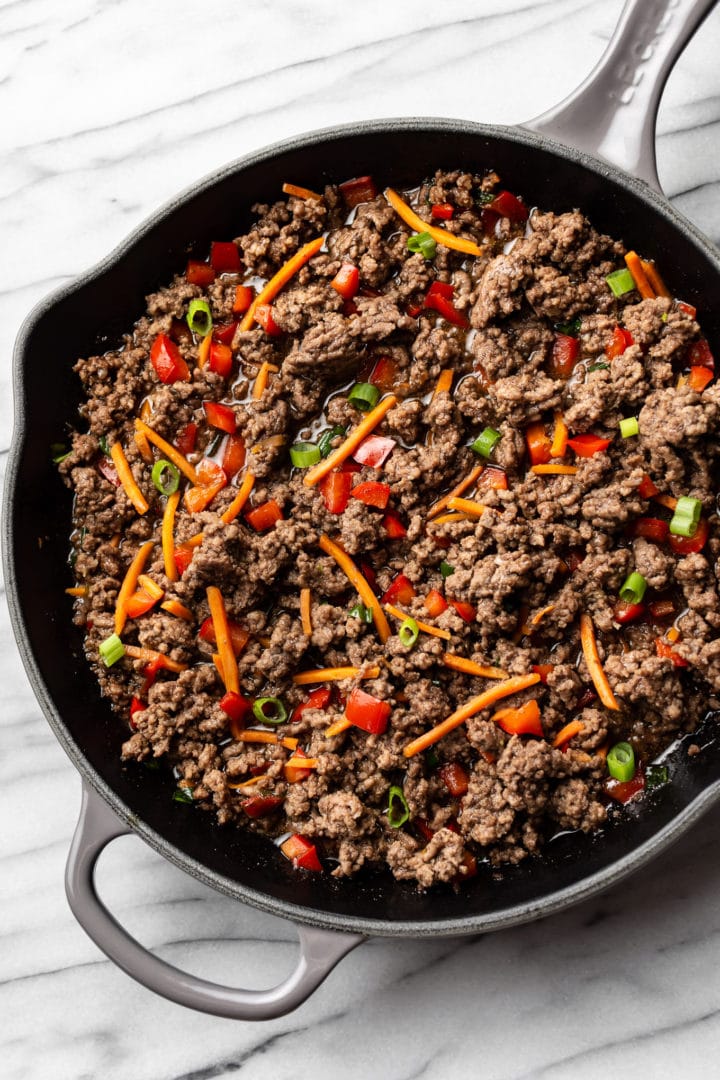 teriyaki ground beef in a skillet