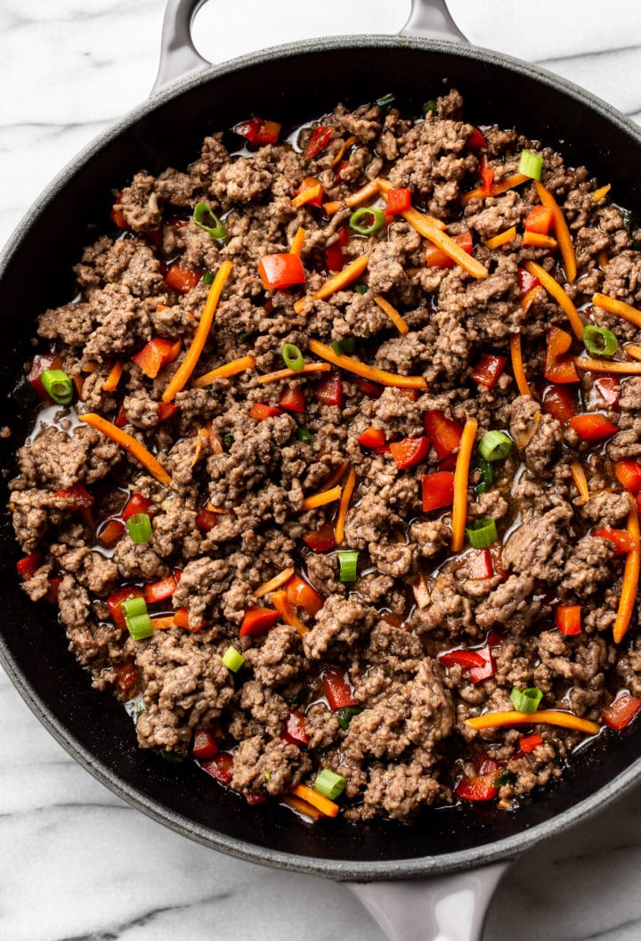 ground beef teriyaki close-up in a skillet