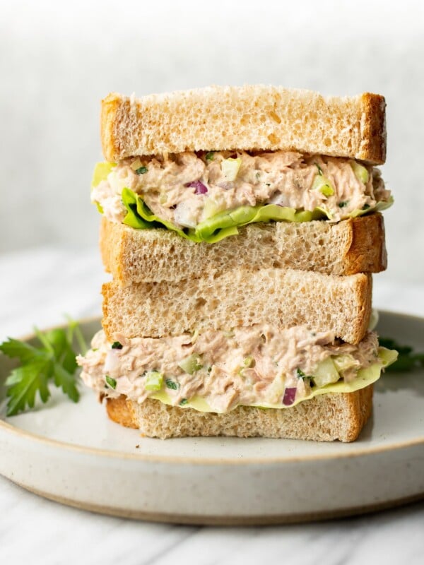 close-up of tuna salad sandwich stack