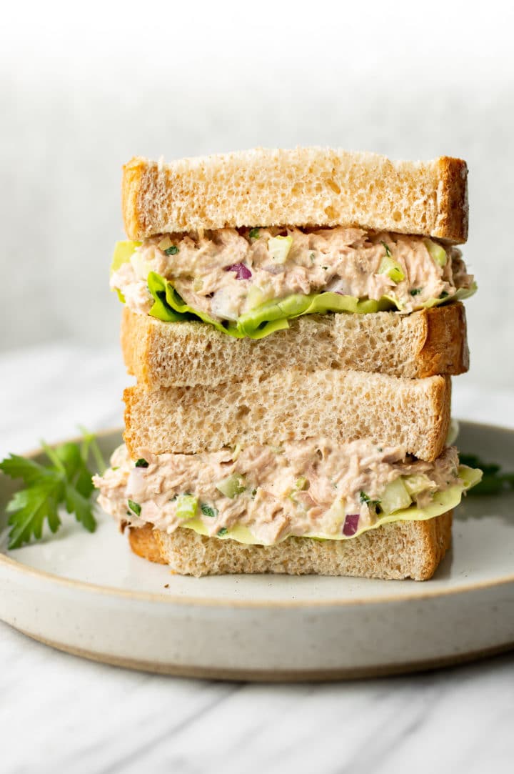 close-up of tuna salad sandwich stack