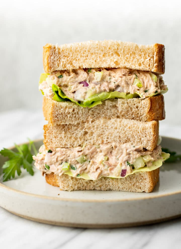close-up of tuna salad sandwich stack