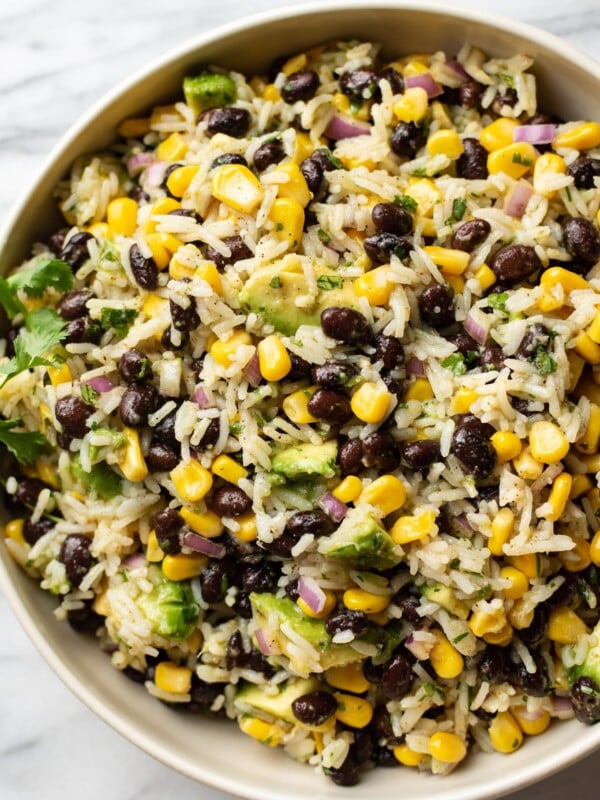 black bean corn avocado salad in a serving bowl