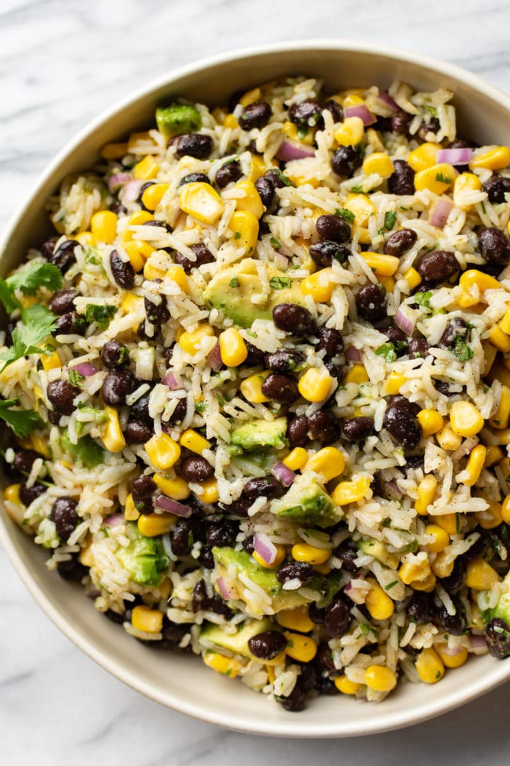 black bean corn avocado salad in a serving bowl