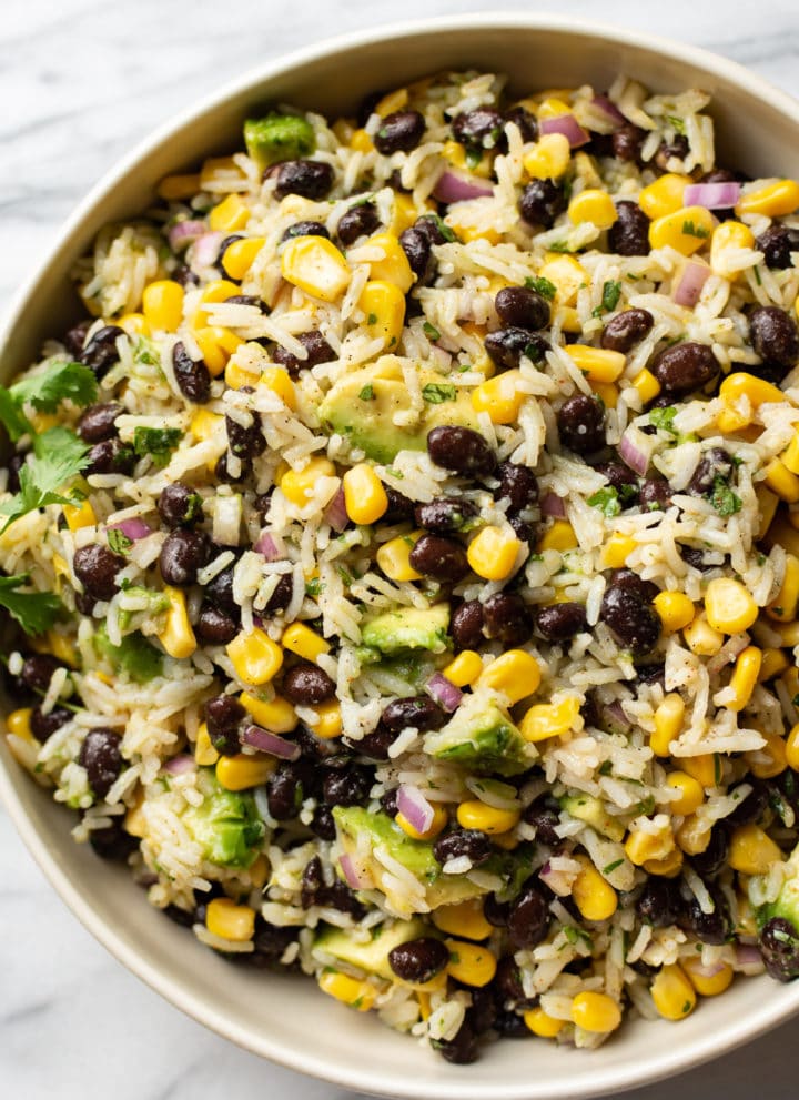 black bean corn avocado salad in a serving bowl