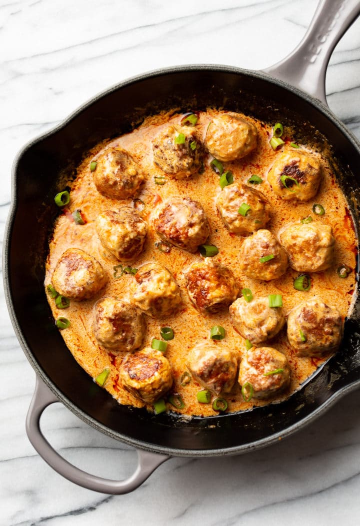 best buffalo chicken meatballs in a skillet