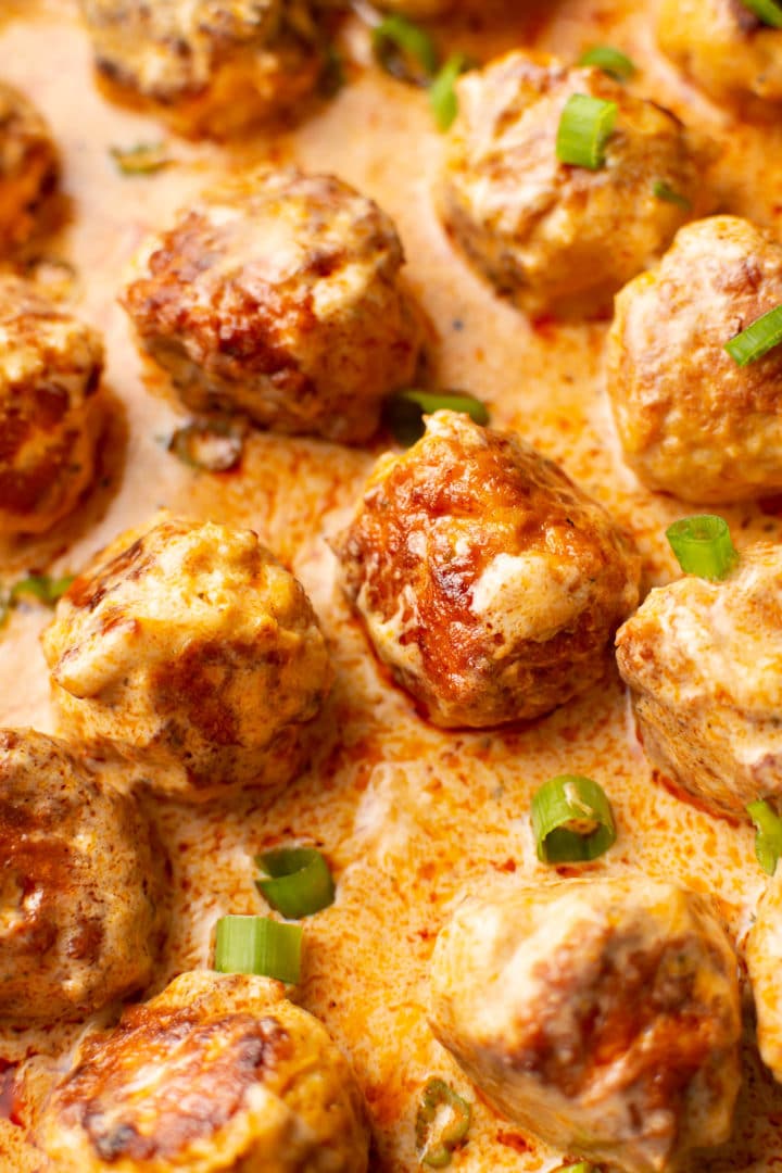 close-up of easy buffalo chicken meatballs