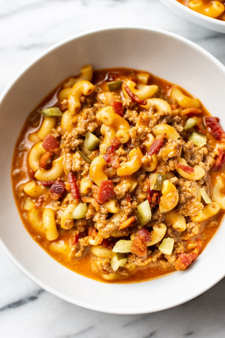 close-up of a bowl of cheeseburger macaroni