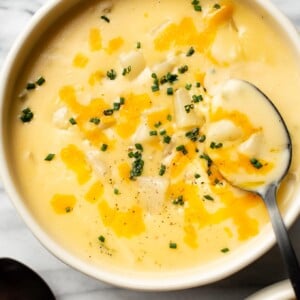 close-up of cheesy potato soup