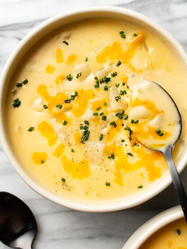 close-up of cheesy potato soup