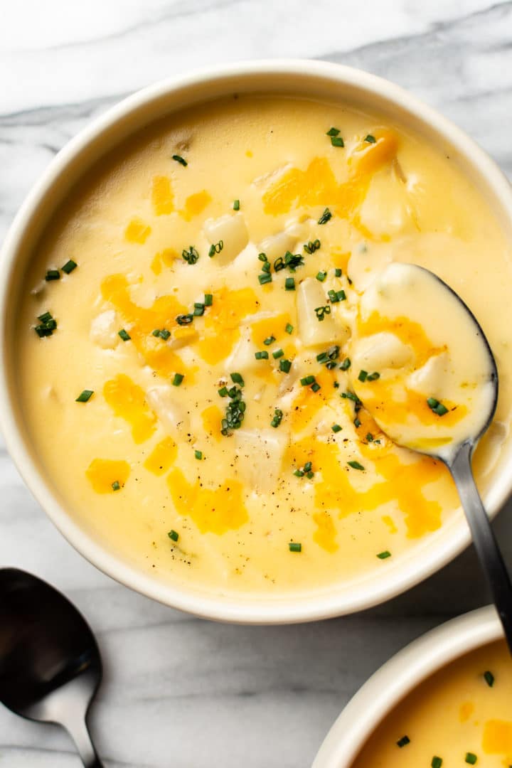 close-up of cheesy potato soup