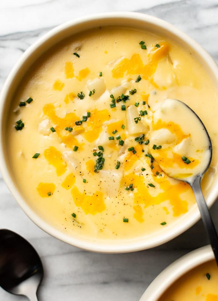 close-up of cheesy potato soup