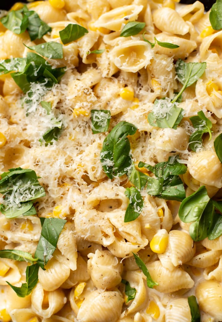 close-up of creamy corn pasta