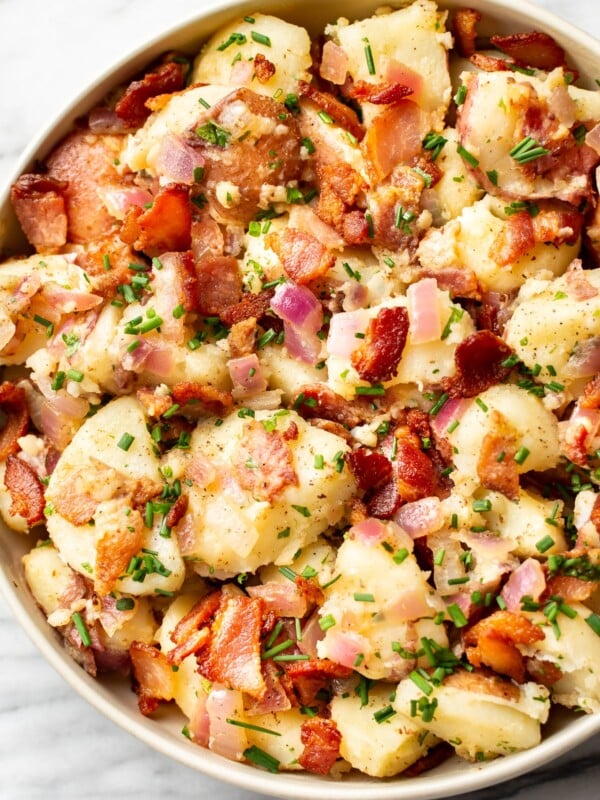 close-up of the best German potato salad in a serving bowl