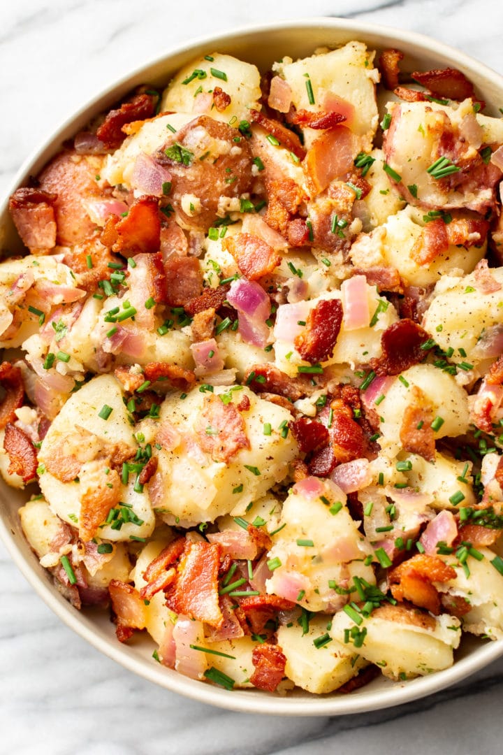 close-up of the best German potato salad in a serving bowl