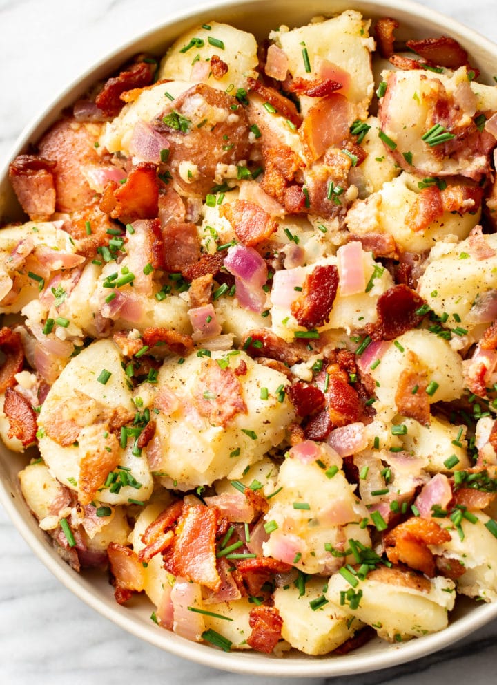 close-up of the best German potato salad in a serving bowl