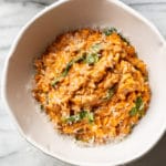 one pot ground beef and orzo in two white bowls