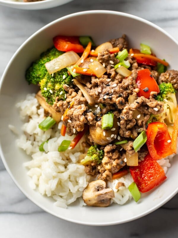 easy ground beef stir fry close-up in a white bowl