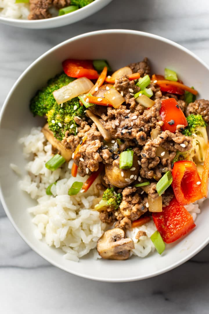 easy ground beef stir fry close-up in a white bowl